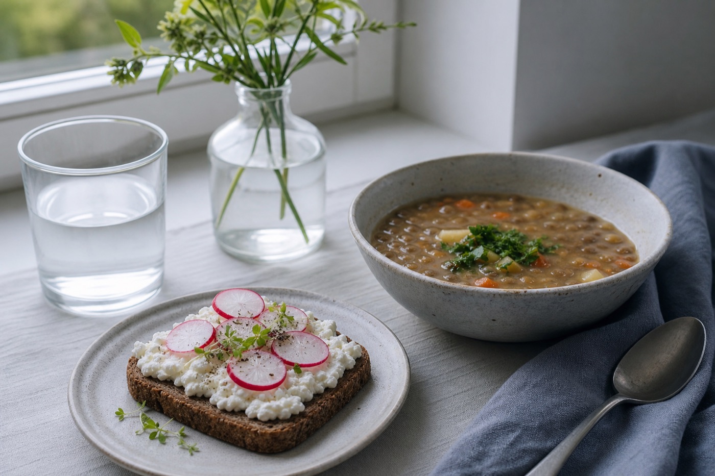 A slice of wholegrain rye bread with cottage cheese and radishes, a bowl of lentil soup and a glass of water by a window