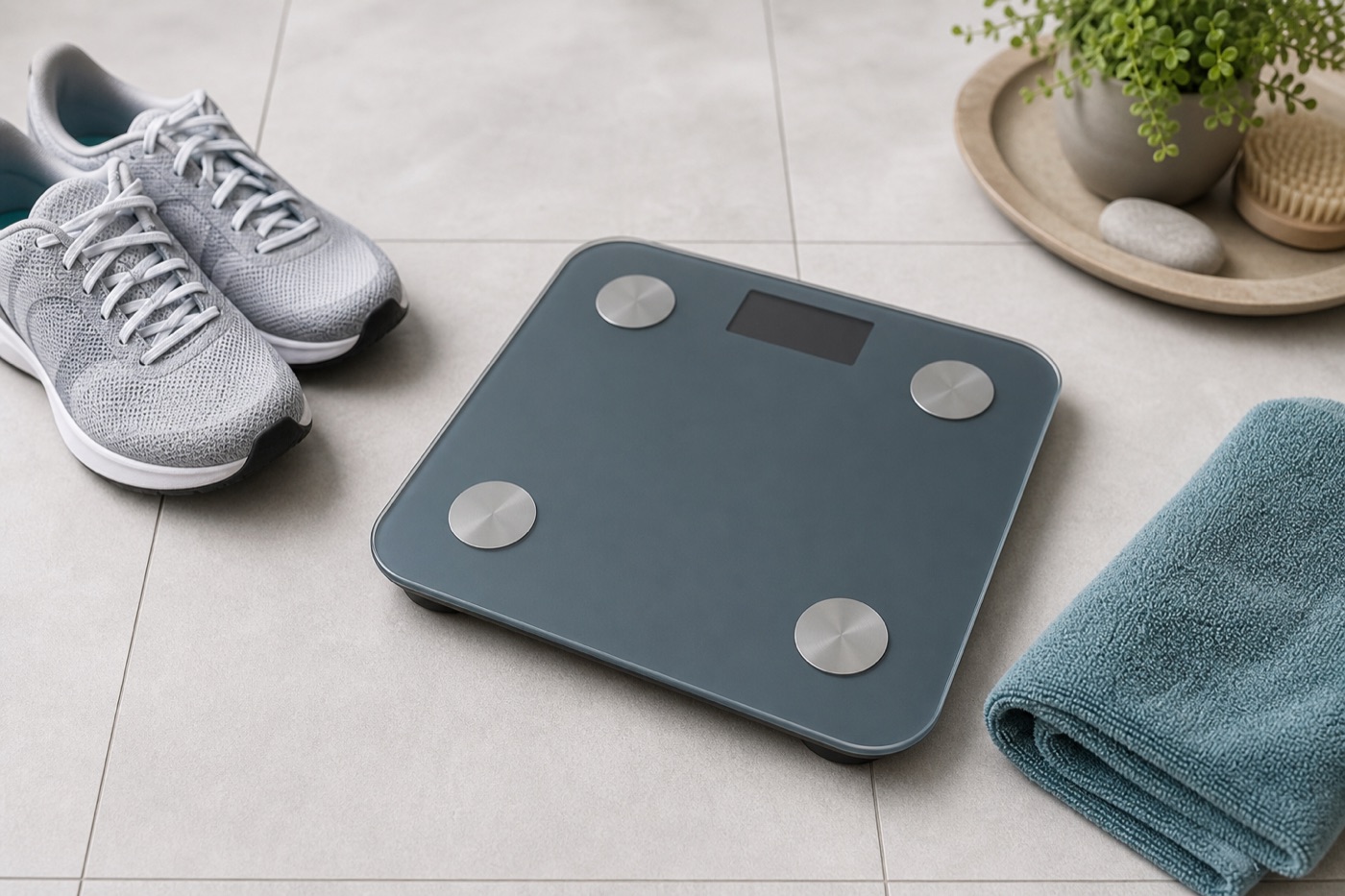 A digital bathroom scale on light floor tiles next to a pair of running shoes and a folded towel
