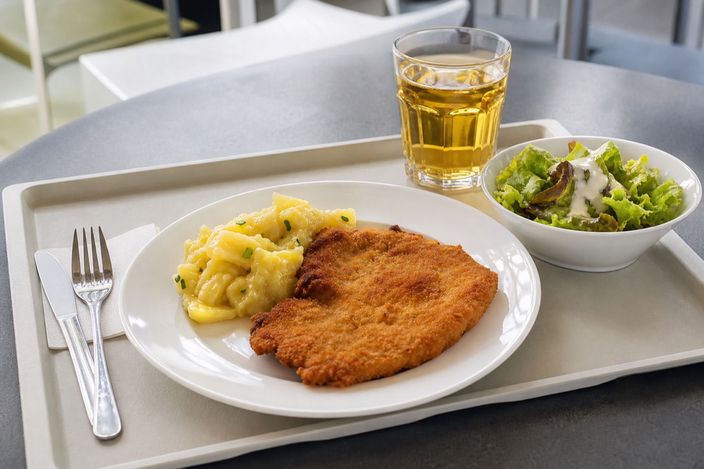 A canteen lunch tray with schnitzel, potato salad, a small green salad and a glass of apple spritzer